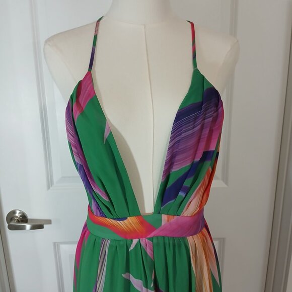 Shein Maxi Dress Women’s Size L Multicolor Deep V Neck Backless Halter - Picture 3 of 8